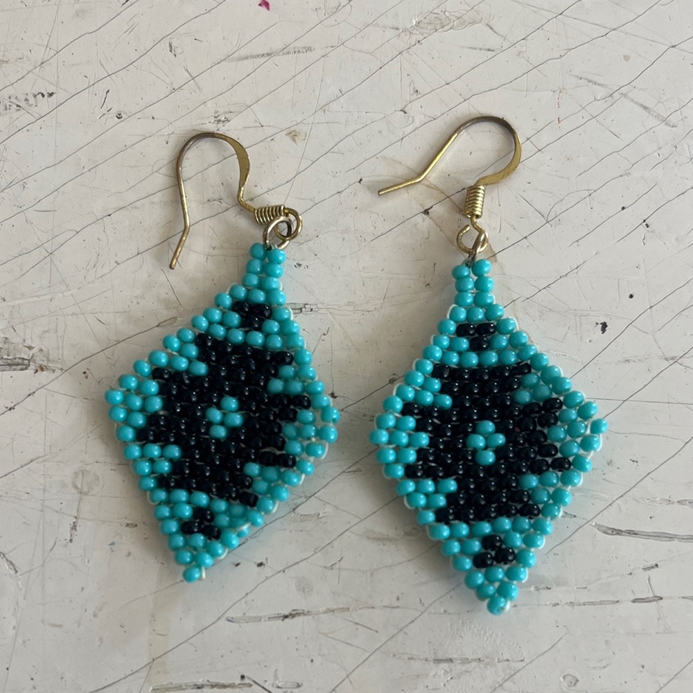 Beaded Turquoise and Black Earrings Western Print